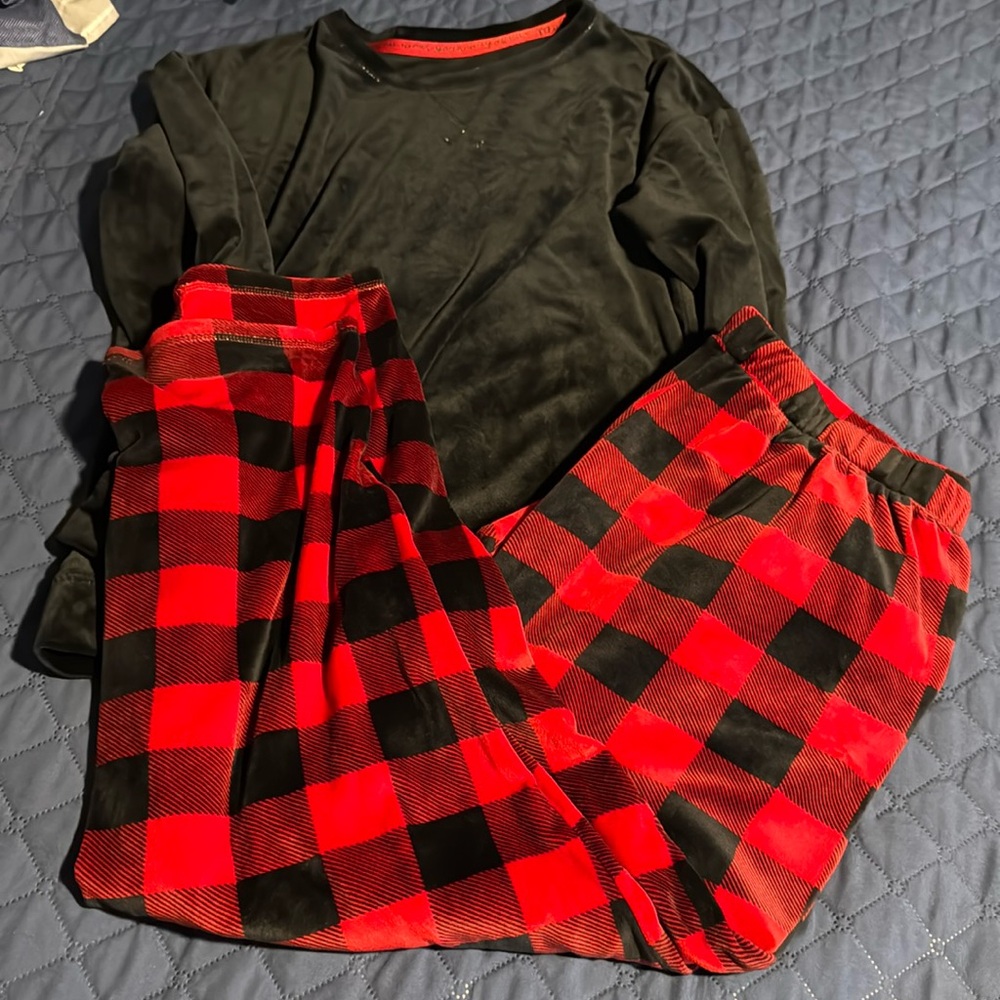 Muk Luks Cozy Black and Red Plaid Pajamas